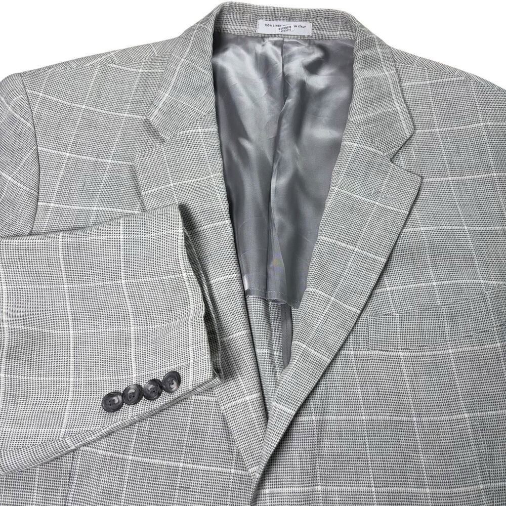 John W Nordstrom Linen Blazer Men Size 44R Gray Plaid Sport Jacket Coat Italy